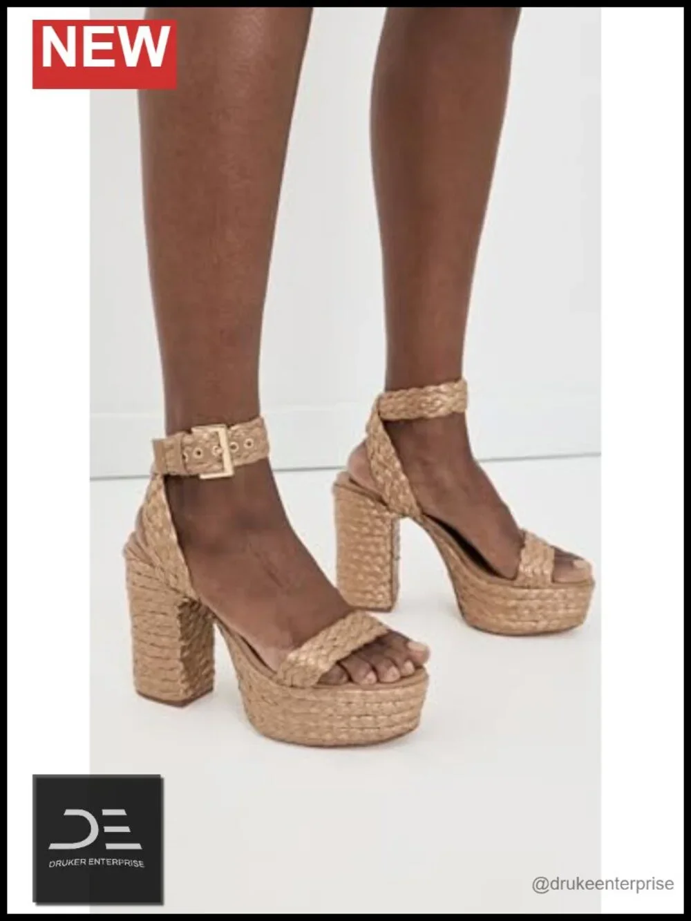 Buckle Strap Raffia Platform Heeled Sandals, Cushioned Footbed, 4.5